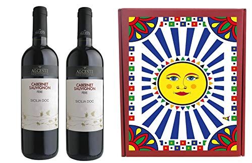 sicilia bedda VINO ROSSO SICILIA DOC -ALCESTI Vini Vegani 750 Ml (2 Bottiglie Cabernet in Cofanetto Maioliche)