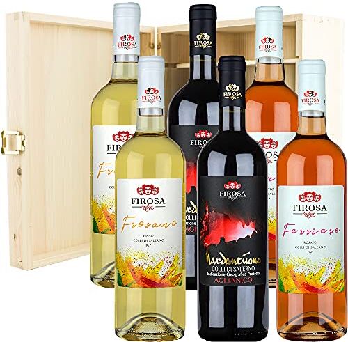 Cantina Firosa Vini Confezione Regalo   Firosa   6 Bottiglie in Cassetta Legno   Aglianico   Fiano   Rosato   Colline Salernitane Igp