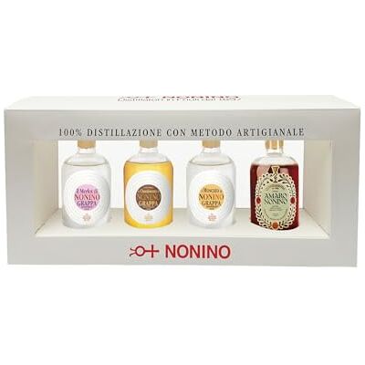Nonino Set Degustazione Glamour con Grappa Monovitigno® Merlot, Chardonnay in Barriques 12 mesi, Moscato e Amaro Quintessentia®, Made in Italy, 4 bottiglie in vetro da 100 ml Nonino Set Degustazione Glamour con Grappa Monovitigno® Merlot, Chardonnay in Barriques 12 mesi, Moscato e Amaro Quintessentia®, Made in Italy, 4 bottiglie in vetro da 100 ml