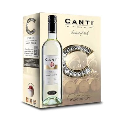 Canti Pinot Grigio I.G.T. Puglia, vino bianco. Secco al palato con sentori di mela verde e agrumi, finale fresco e armonioso. Vino in bag-in-box, 3 l (1 x 3 l) Canti Pinot Grigio I.G.T. Puglia, vino bianco. Secco al palato con sentori di mela verde e agrumi, finale fresco e armonioso. Vino in bag-in-box, 3 l (1 x 3 l)