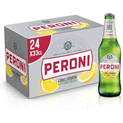 PERONI CHILL LEMON Birra al Limone, Cassa Birra con 24 Birre in Bottiglia da 33 cl, 7.92 L, Birra Radler dal Gusto Naturale di Limoni Aspro e Bilanciato, Gradazione Alcolica 1.3% Vol PERONI CHILL LEMON Birra al Limone, Cassa Birra con 24 Birre in Bottiglia da 33 cl, 7.92 L, Birra Radler dal Gusto Naturale di Limoni Aspro e Bilanciato, Gradazione Alcolica 1.3% Vol