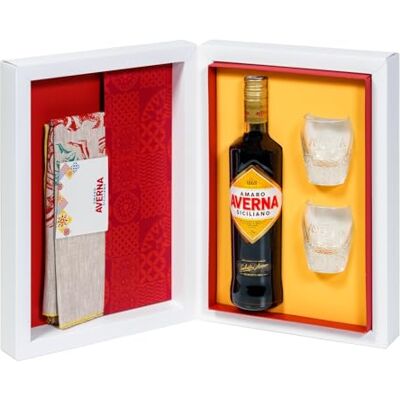 Averna Kit "Open Colors" Limited Edition: Amaro 70 cl; 2 Bicchieri Firmati , 1 Runner per Tavolo in Lino con Disegno a Mano Averna Kit "Open Colors" Limited Edition: Amaro 70 cl; 2 Bicchieri Firmati , 1 Runner per Tavolo in Lino con Disegno a Mano