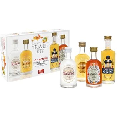 Nonino Distillerie , Travel Kit, Confezione Composta da 4 Bottiglie in Vetro da 50 Ml: Amaro Quintessentia, Aperitivo , Grappa Monovitigni Vendem Nonino Distillerie , Travel Kit, Confezione Composta da 4 Bottiglie in Vetro da 50 Ml: Amaro Quintessentia, Aperitivo , Grappa Monovitigni Vendem