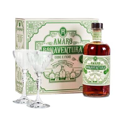 BONAVENTURA MASCHIO , Amaro di Erbe e Fiori Confezione Liberty (1 bottiglia + due calici "Liberty"), 700ml BONAVENTURA MASCHIO , Amaro di Erbe e Fiori Confezione Liberty (1 bottiglia + due calici "Liberty"), 700ml