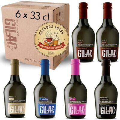 Gilac BEERBOX FUEGO birra artigianale 6 bottiglie da 33cl Made in Italy Selezione premium perfetta per le grigliate, birre artigianali confezione regalo Gilac BEERBOX FUEGO birra artigianale 6 bottiglie da 33cl Made in Italy Selezione premium perfetta per le grigliate, birre artigianali confezione regalo