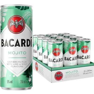 Bacardi BACARDÍ Mojito, Vol. 5%, 12 x 25 cl / 250 ml, cocktail premixato pronto da bere in lattina, creato con Rum BACARDÍ Carta Blanca e miscelato con Lime e Menta Bacardi BACARDÍ Mojito, Vol. 5%, 12 x 25 cl / 250 ml, cocktail premixato pronto da bere in lattina, creato con Rum BACARDÍ Carta Blanca e miscelato con Lime e Menta