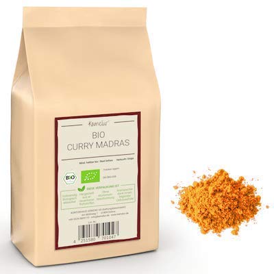 Kamelur 500g di BIO Madras Curry Powder mild polvere di curry caldo alla frutta prodotta con le migliori spezie BIO in confezione biodegradabile