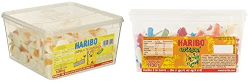 HARIBO Caramelle Barattolo 200 pz. Uova al Tegamino kg. 1000 gr & Barattolo Caramelle Coccodrì, 1.1kg