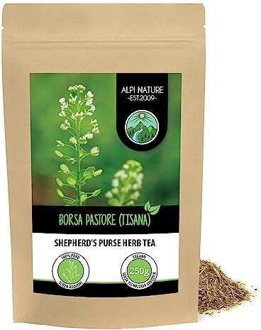 Alpi Nature Tè della borsa del pastore (250g), erba della borsa del pastore, tagliato, essiccato delicatamente, puro al 100% e naturale per la preparazione del tè, tisana