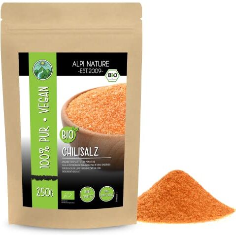 Alpi Nature Sale al peperoncino biologico (250g), sale gourmet Fleur de Sel con peperoncino Bird's Eye biologico, paprika biologica e aglio biologico, spezie per grigliate