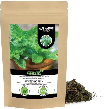 Alpi Nature Foglie di menta piperita intere (200g), menta piperita sfusa, tè alla menta piperita delicatamente essiccata, tè alla menta piperita 100% puro e naturale