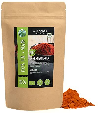 Alpi Nature Peperoncino di Caienna Bio in polvere (250g), Pepe di Cayenna Bio macinato da coltivazione biologica controllata, Peperoncino di Cayenna 100% naturale, senza additivi