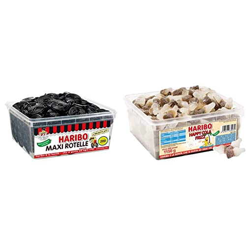 HARIBO Maxi Rotelle, Caramelle Gommose, Gusto Liquirizia, Ideali Per Feste E Dolci Momenti Di Relax Circa 200 Pezzi [1818gr] & Caramelle Barattolo Happy Cola Frizz 200 pezzi [1151g]