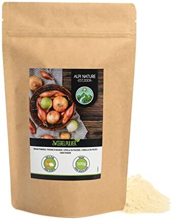 Alpi Nature Polvere di cipolla (500g), cipolle macinate, polvere di cipolla pura al 100% da cipolle essiccate delicatamente, naturalmente senza additivi, vegan, granella di cipolla