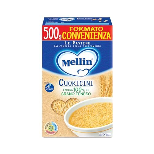 Mellin Cuoricini Pastina a base di Farina di Grano Tenero e Vitamina B1, per Bambini dal 5° Mese Compiuto Confezione da 500gr