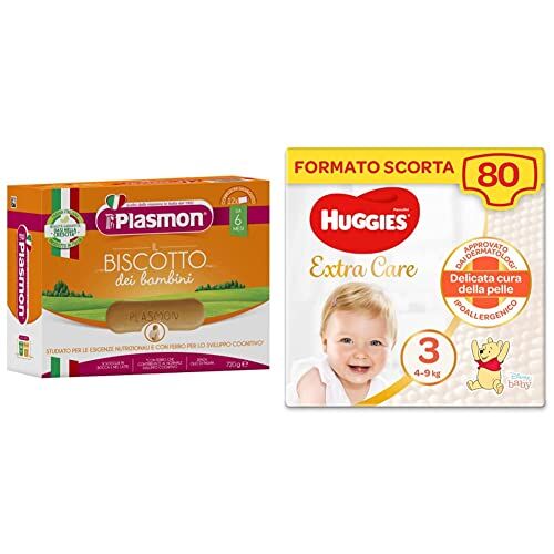 Plasmon Biscotto Classico 720 g (6 Confezioni) + Huggies Extra Care Pannolini, Taglia 3 (4-9 Kg), Confezione da 80 Pannolini