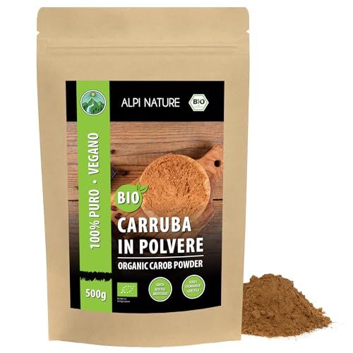 Alpi Nature Farina di carrube biologica (500g), Farina di polpa di carrube, polvere di carruba fondente, da coltivazione biologica controllata, senza glutine, senza lattosio, testata in laboratorio