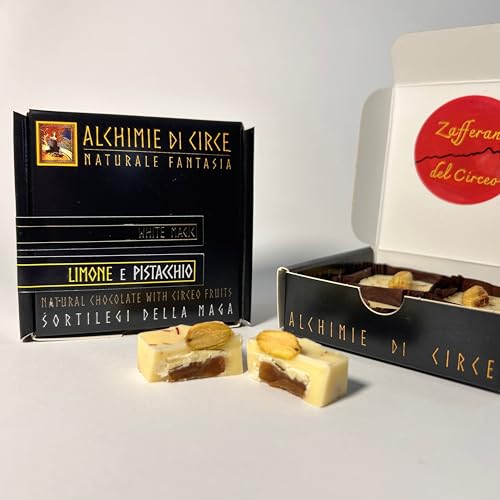 Generic Alchimie di Circe 20 Cioccolatini Bianchi Zafferano, Pistacchio e Limone Delizie Gourmet con Frutta Biologica Cioccolato Artigianale in Elegante Confezione Regalo -