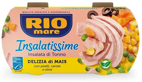 Rio Deliziosa insalata di mais e tonno a pinna gialla con piselli, carote e olive, senza conservanti, certificata MSC, 2 lattine da 160 g