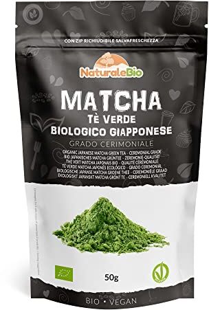 NaturaleBio Tè Verde Matcha Biologico in Polvere Grado Cerimoniale 50g. Tea Verde Giapponese di 1 Grado. Bio Grado Cerimoniale A. The Prodotto in Giappone Uji, Kyoto. Ideale da bere e nel Latte.