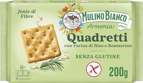 Mulino Bianco Quadretti Cracker Senza Glutine al Riso e Rosmarino, Fonte di Fibra, Senza Olio di Palma, Mulino Armonia, Confezione 200 g con 6 Pratiche Monoporzioni