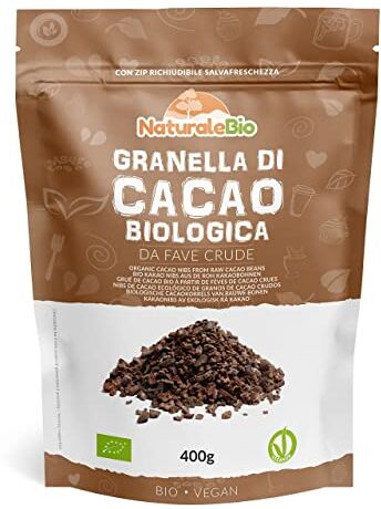 NaturaleBio Granella di Cacao Crudo Biologico da 400g. Bio, Naturale e Puro. Prodotto in Perù dalla Pianta Theobroma Cacao. Fonte di Magnesio, Potassio e Ferro.