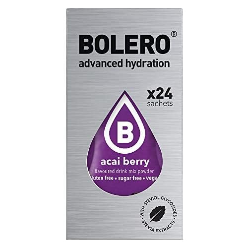 Bolero Drink 24 Bustine 3 gr grammi Sticks Frutta Preparato Polvere Solubile Per Bevanda Fresca in Acqua Prodotto, 72 grammi dolcificato alla stevia (Acai Berry)