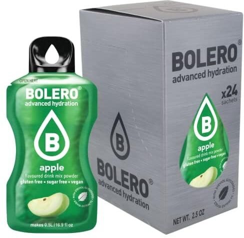 Bolero Drink 24 Bustine 3 gr grammi Sticks Frutta Preparato Polvere Solubile Per Bevanda Fresca in Acqua Prodotto, 72 grammi dolcificato alla stevia (Apple)