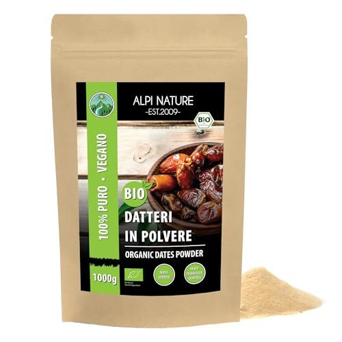 Alpi Nature Zucchero di datteri biologico (1kg), polvere di datteri biologici da coltivazione biologica controllata, senza glutine, senza lattosio, datteri macinati, testato in laboratorio, vegano