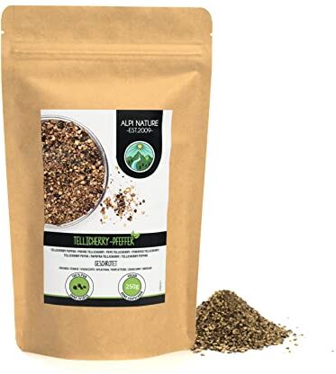 Alpi Nature Pepe di Tellicherry macinato grosso (250g), pepe di Tellicherry macinato, grani di pepe di Tellicherry nero da coltivazione controllata, testato in laboratorio, puro al 100% e naturale