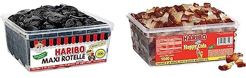 HARIBO Maxi Rotelle, Caramelle Gommose, Gusto Liquirizia, Ideali Per Feste E Dolci Momenti Di Relax Circa 200 Pezzi [1818gr] & Happy Cola, Caramelle Gommose, Gusto Cola, Circa 200 Pezzi [1040gr]