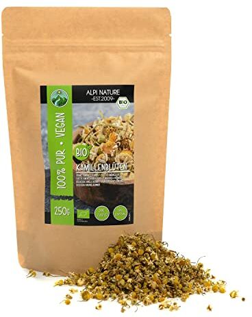 Alpi Nature Fiori di camomilla bio, camomilla bio, fiori di camomilla interi delicatamente essiccati, da coltivazione biologica controllata, testati in laboratorio (250 GR)