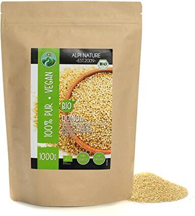 Alpi Nature Quinoa bianca biologica (1kg), quinoa bianca biologica da agricoltura biologica certificata, senza glutine, senza lattosio, testata in laboratorio, vegana, 100% naturale senza additivi