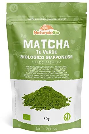 NaturaleBio Tè Verde Matcha Biologico in Polvere [ GRADO PREMIUM ] da 50 grammi. The Matcha Prodotto in Giappone Uji, Kyoto. Ideale da Bere, per i Dolci, Frullati, Tè freddo, nel Latte e come ingrediente.