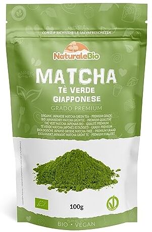 NaturaleBio Tè Verde Matcha Biologico in Polvere Grado Premium da 100 grammi. Prodotto in Giappone Uji, Kyoto. Ideale da Bere, per i Dolci, Frullati, Tè freddo, nel Latte e come ingrediente