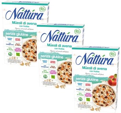 Generico Nattura   Muesli Biologico Avena e Frutta Senza Glutine con Betaglucani e Proteine   Senza Latte Senza Lievito Senza Zuccheri Aggiunti Senza Olio Palma   Muesli Vegan OK 3 x 300 Gr