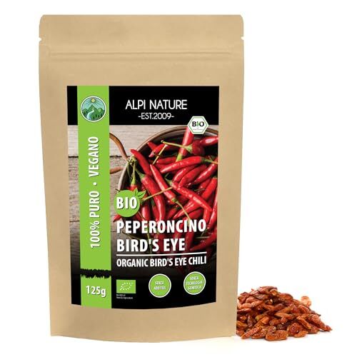 Alpi Nature Peperoncino Bird's Eye biologico intero (125g), peperoncini Birds Eye bio, peperoncini interi da coltivazione biologica controllata, 100% puri e naturali