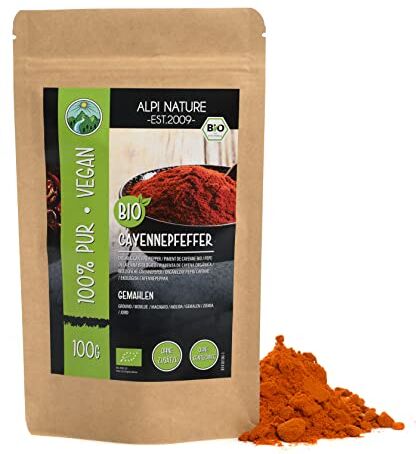 Alpi Nature Peperoncino di Caienna Bio in polvere (100g), Pepe di Cayenna Bio macinato da coltivazione biologica controllata, Peperoncino di Cayenna 100% naturale, senza additivi