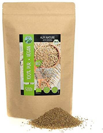 Alpi Nature Anice biologico intero (500g), semi di anice, da coltivazione biologica controllata, senza glutine, senza lattosio, testato in laboratorio, vegano, 100% naturale senza additivi, tè all'anice