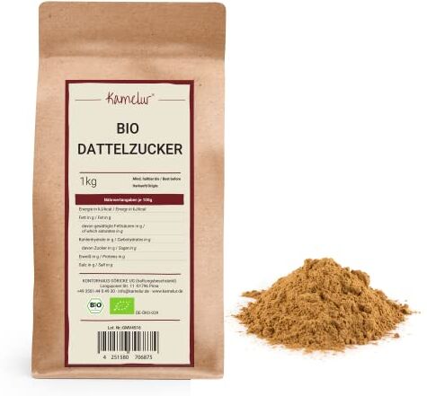 Kamelur 1kg di zucchero di dattero BIO: zucchero scuro naturale proveniente da datteri macinati BIO, l'alternativa naturale allo zucchero da tavola bianco