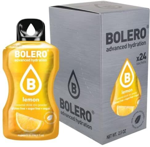 Bolero Drink 24 Bustine 3 gr grammi Sticks Frutta Preparato Polvere Solubile Per Bevanda Fresca in Acqua Prodotto, 72 grammi dolcificato alla stevia (Limone)