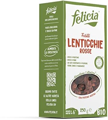 felicia BIO PASTA SECCA CON FARINA DI LENTICCHIE ROSSE BIO 250 GR, TAGLIO FUSILLI