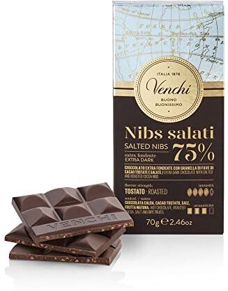 Venchi Tavoletta di Cioccolato Extra Fondent con Nibs di Cacao Salati, 70 g Senza Glutine Vegano