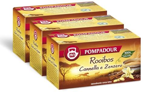 Pompadour , Infuso Rooibos Cannella e Zenzero, 60 Filtri (3 Confezioni da 20 Filtri), Fonte di Benessere, Certificato RFA, Senza Teina, 100% Naturale, Senza Lattosio, Glutine e Allergeni, Vegan