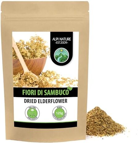 Alpi Nature Tè ai fiori di sambuco (125g), fiori di sambuco strofinati, tisana ai fiori di sambuco delicatamente essiccati, 100% puro e naturale per la preparazione del tè al sambuco