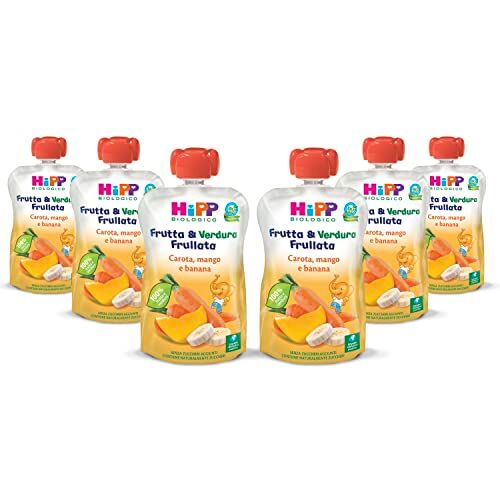HiPP Frutta e Verdura Frullata Bio per Bambini, Purea al Gusto Carota, Mango e Banana, Senza Zuccheri Aggiunti, 6 Confezioni da 90 gr