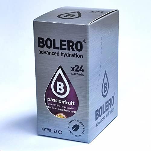 Bolero Drink 24 Bustine 3 gr grammi Sticks Frutta Preparato Polvere Solubile Per Bevanda Fresca in Acqua Prodotto, 72 grammi dolcificato alla stevia (Passionfruit)