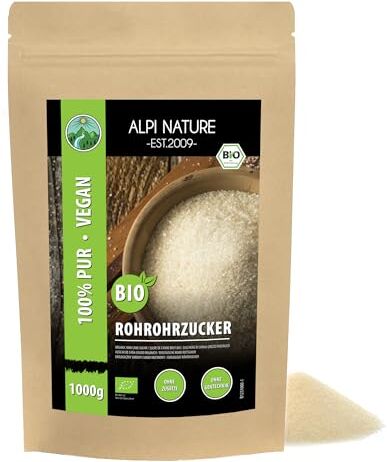 Alpi Nature Zucchero di canna grezzo biologico (1kg), zucchero di canna grezzo biologico, zucchero di canna grezzo e 100% naturale, zucchero di canna integrale senza additivi