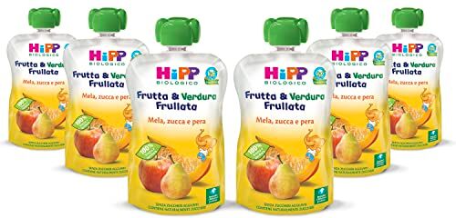 HiPP Frutta e Verdura Frullata Bio per Bambini, Purea al Gusto Mela, Pera e Zucca, Senza Zuccheri Aggiunti, 6 Confezioni da 90 gr