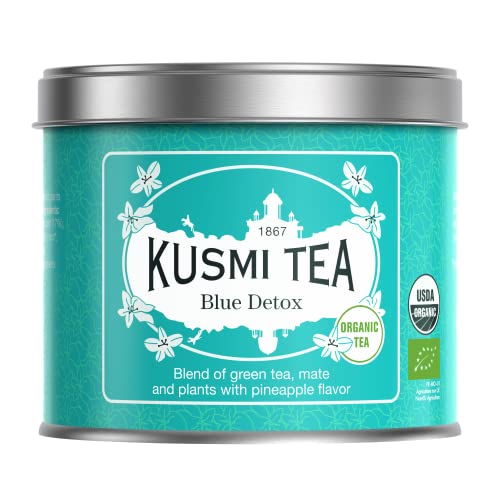 KUSMI TEA Blue Detox Bio Miscela di tè verde, mateto e piante aromatizzate ananas Scatola da tè in metallo, 100 g, circa 40 tazze